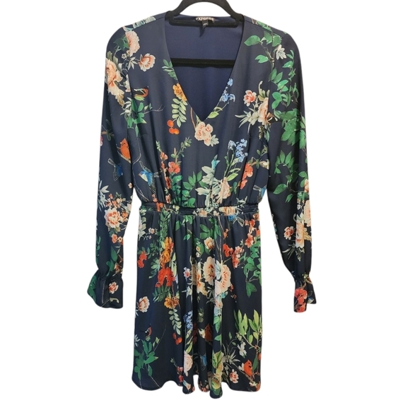 Express Long Sleeve V Neck Dress Blue Floral Birds Tropical Mini Length Small - Picture 1 of 11